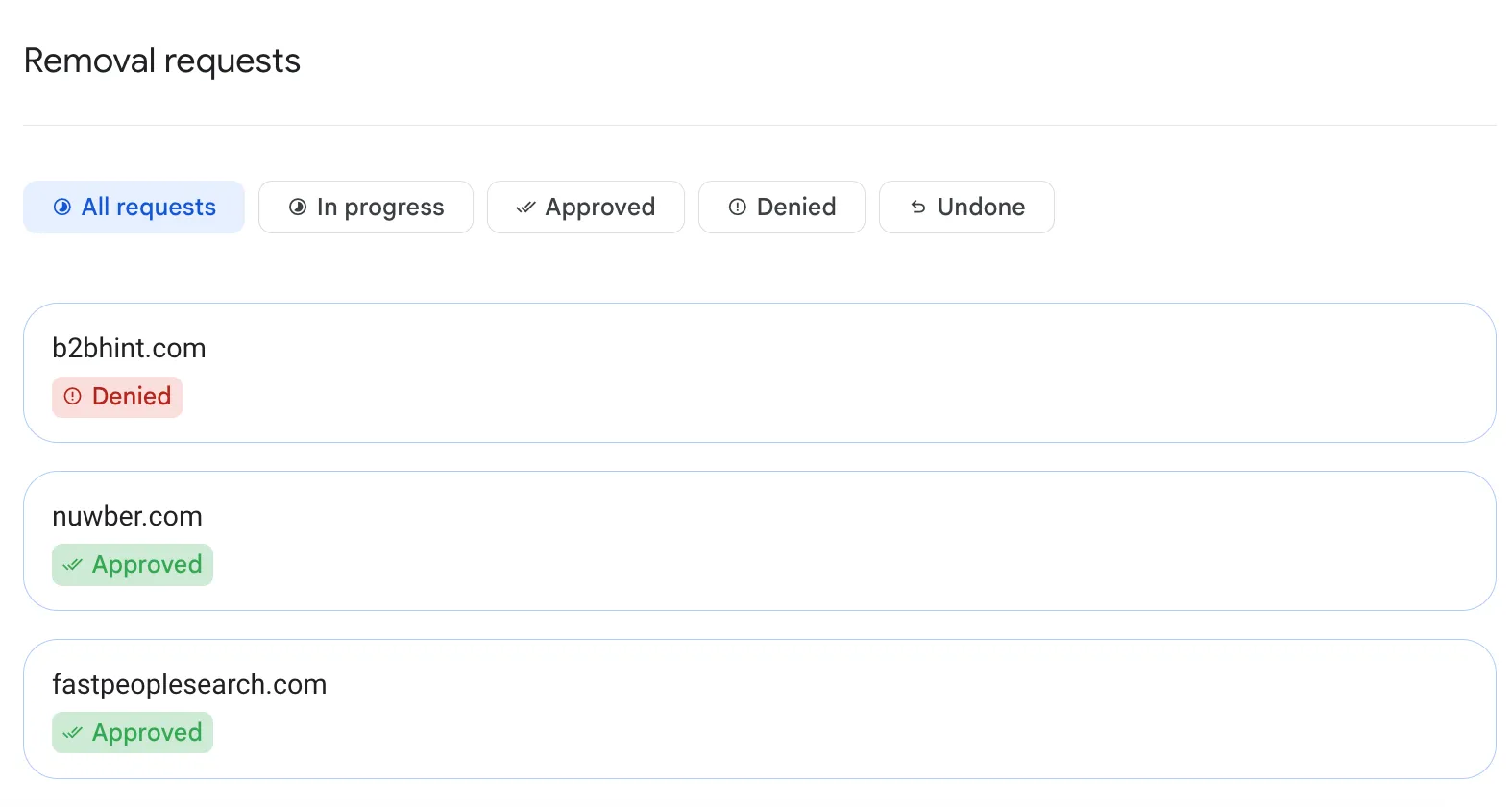 Screenshot of Google denying the removal of business information from search results
